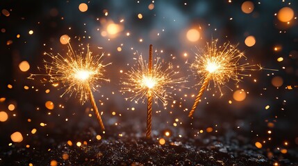 Poster - frame made of golden sparks and firecrackers against black background, representing festive fireworks for celebrations like Christmas, birthdays, or holidays, perfect for banners and posters.