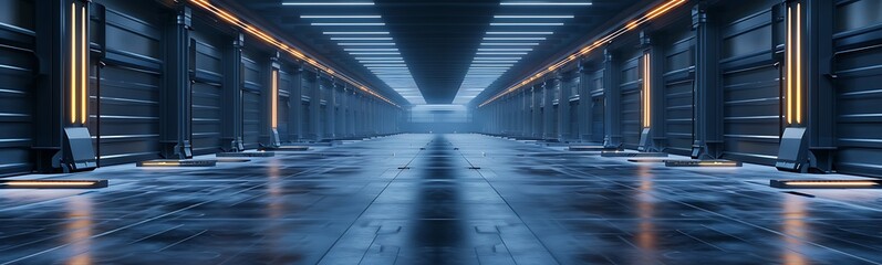 Poster - Robotic Warehouse with Drones and Mechanical Arms Sorting, Packaging, and Distributing Products
