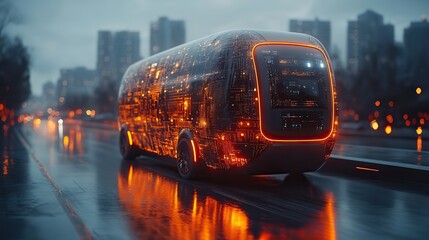 Poster - futuristic autonomous van moves along city highway, visualized by AI sensors scanning the road.illustration