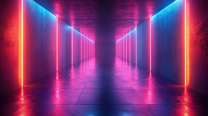 Leinwandbilder - futuristic dark room with neon lines and reflections on the floor, creating digital display background ideal for modern