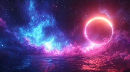 Fototapete - futuristic design background with blue and purple gradients, featuring digital elements and circular frame on the right.stock photo