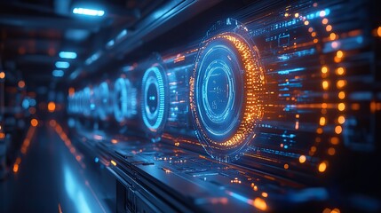 Poster - futuristic lab scene illuminated by blue light featurescircles and HUD elements for holographic product presentation.stock photo