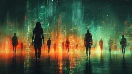 Poster - futuristic network of people illustrated as silhouettes connected by digital lines.image