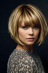 Wall Mural - A beautiful woman showcases her sophisticated Karen haircut, radiating confidence.
