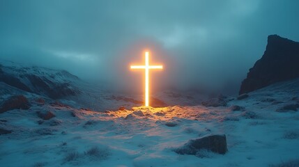 Aufkleber - glowing cross in the mountains, symbolizing faith and spirituality against stunning natural backdrop.stock photo