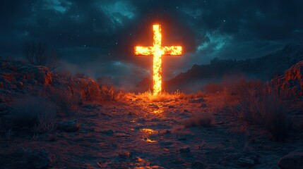 Poster - glowing cross in the mountains, symbolizing faith and spirituality against stunning natural backdrop.illustration