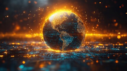 Aufkleber - glowing globe with colorful light rays emanating, symbolizing global technology and connections.