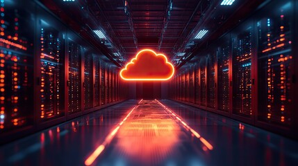 Poster - glowing orange cloud icon in rendered server room illustrates global cloud storage and dat transfer within digital infrastructure.