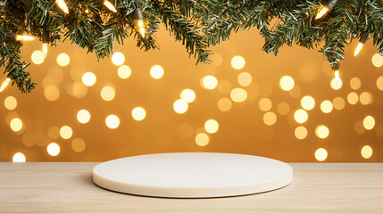 Wall Mural - Minimalist podium with warm gold Christmas background and lights