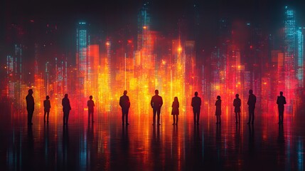 Aufkleber - group of business professionals stand before an abstract digital background representing growth in technology company.stock photo