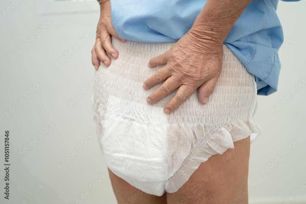 Asian senior woman patient wearing adult incontinence diaper pad in ...