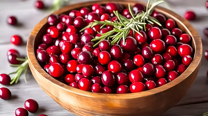 A wooden bowl filled with fresh cranberries and a sprig of rosemary.