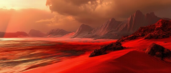 A stunning view of a red desert landscape against a dramatic sky, showcasing nature's beauty at twilight.