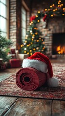 closeup of a yoga mat adorned with a festive santa claus hat set in a warmly decorated home for christmas blending healthy lifestyle themes with holiday cheer