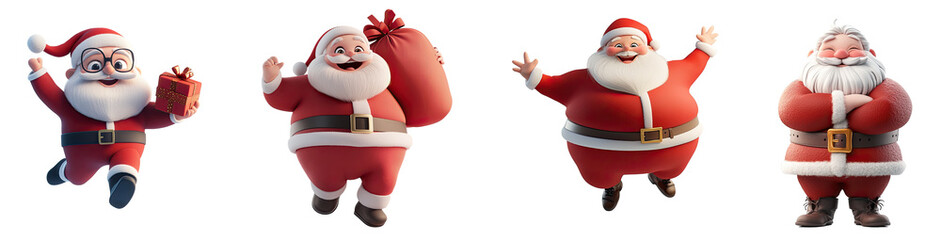 Wall Mural - Set of 3D cartoon happy smiling Christmas santa claus, Holding a gift box and bag, Standing with arms crossed, Jumping dancing have fun, Full body, isolated on white background, png