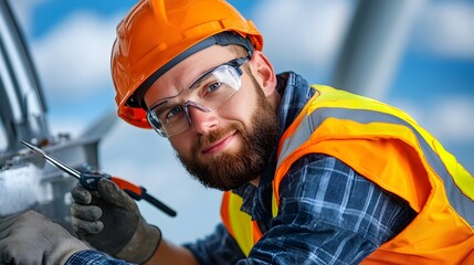 Wall Mural - Wind Turbine Technician in High Visibility Workwear Inspecting the Base of a Turbine Holding Tools for Maintenance and Repair Work on the Renewable Energy Infrastructure