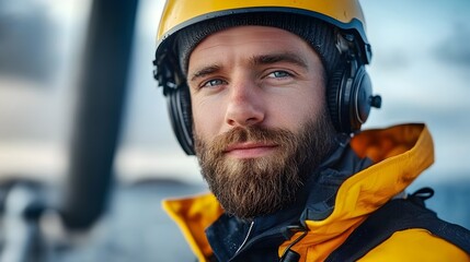 Wall Mural - A wind turbine technician in a bright yellow jacket and helmet performing a blade inspection on an offshore wind turbine