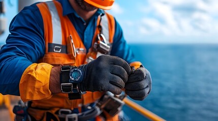 Close up view of a technician s safety harness protective equipment and tools while performing maintenance or repair work on a wind turbine situated at an offshore location