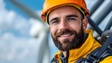 Wall Mural - Offshore Wind Turbine Technician Climbing Down Ladder Equipped with Safety Harness and Bright Yellow Jacket for Maintenance and Repair Work