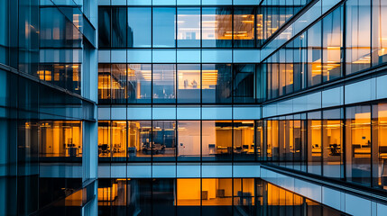 Wall Mural - the vibrant lighting contrasts with the blue-tinted glass a detailed view of an office building's gl
