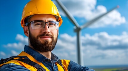 Wall Mural - Offshore Wind Turbine Technician in Bright Yellow Protective Clothing Inspecting and Maintaining Wind Turbine Blade with Safety Harness Attached