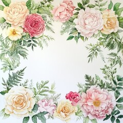 Wall Mural - A vibrant floral wreath an exquisite watercolor composition of roses and peonies framed by lush greenery