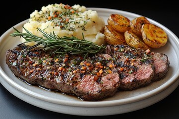 Grilled steak with mashed potatoes and roasted potatoes. Perfect for a restaurant menu or food blog.