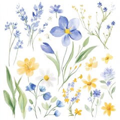 A beautiful collection of watercolor floral illustrations featuring blue and yellow flowers in various styles and arrangements for creative design projects