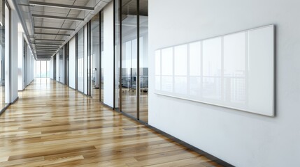 Wall Mural - Modern office hall with bright glass walls, sleek wooden floors, and a blank banner for creative displays or ads.