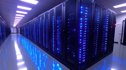 Fototapete - high-end server room with rows of supercomputer servers, illuminated by blue lights and housed in black cabinets.illustration