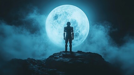 Aufkleber - human cyborg man is depicted standing on moonscape, symbolizing futuristic technology.illustration
