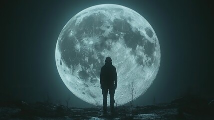 Aufkleber - human cyborg man is depicted standing on moonscape, symbolizing futuristic technology.image