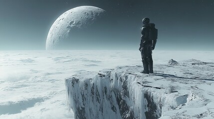 Aufkleber - human cyborg man is depicted standing on moonscape, symbolizing futuristic technology.stock photo