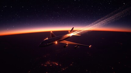 Poster - jumbo jet leaving high trails in black sky is captured in an outdoor photograph.stock photo