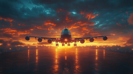 Poster - large airplane flying against sunset sky, representing vacation or travel concept.
