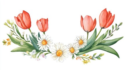 Vibrant floral composition featuring red tulips and daisies for artistic inspiration and design projects