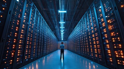 Fototapete - large dat center with rows of advanced computer equipment, with one person working in the middle.illustration