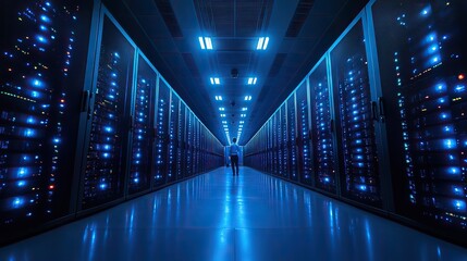 Fototapete - large dat center with rows of advanced computer equipment, with one person working in the middle.image