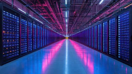 Poster - large dat center with rows of black and blue server racks, illuminated by LED lights showcasing advanced equipment.image