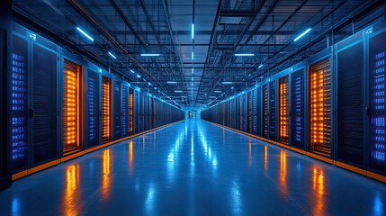 Fototapete - large dat center with rows of black and blue server racks, illuminated by LED lights showcasing advanced equipment.stock photo