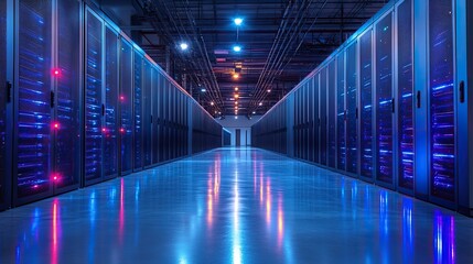 Fototapete - large server room with rows of black and blue cabinets, illuminated by bright lights.