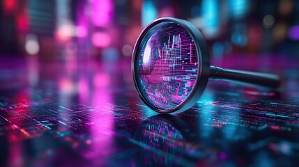 Aufkleber - magnifying glass highlighting dat curves and charts, set against purple and blue background, symbolizing in-depth analysis.illustration