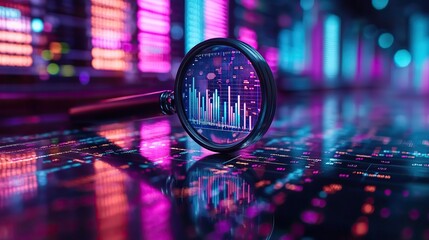 Aufkleber - magnifying glass highlighting dat curves and charts, set against purple and blue background, symbolizing in-depth analysis.image