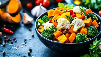 Vibrant bowl of fresh vegetables including broccoli, cauliflower, and squash, beautifully arranged on a dark background, perfect for healthy meal inspirations.