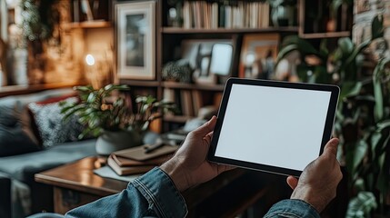 Poster - man holding tablet with blank white screen, seated at desk with various items such as books and pens.illustration