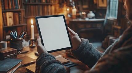Poster - man holding tablet with blank white screen, seated at desk with various items such as books and pens.image