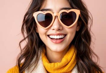 Excited Woman with Heart-Shaped Sunglasses Expressing Love and Joy