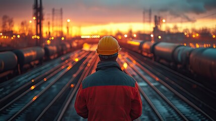 Aufkleber - man in hard hat standing in front of train tracks, representing industrial work.stock photo