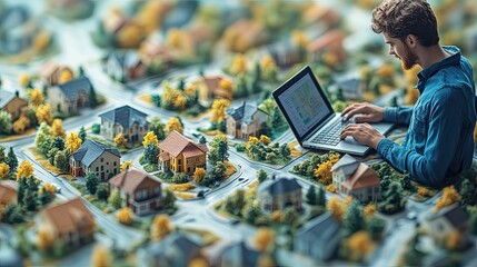 Poster - man searching for houses on laptop, surrounded by homes and map, depicted in an isometric illustration.illustration