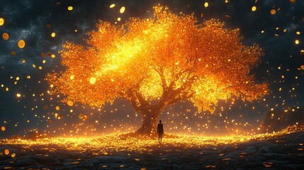 Poster - man standing under tree with gold coins falling from it, in bright orange and yellow-toned illustration.